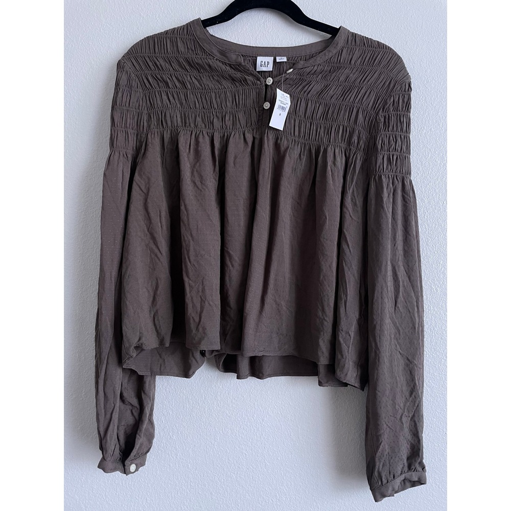 Gap Smocked Top Womens Small Cottagecore Coquette Brown Long Sleeve Dobby Dot